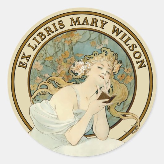 Art Nouveau Vrouw & Boek Mucha Ex Libris Sjabloon Ronde Sticker (Voorkant)