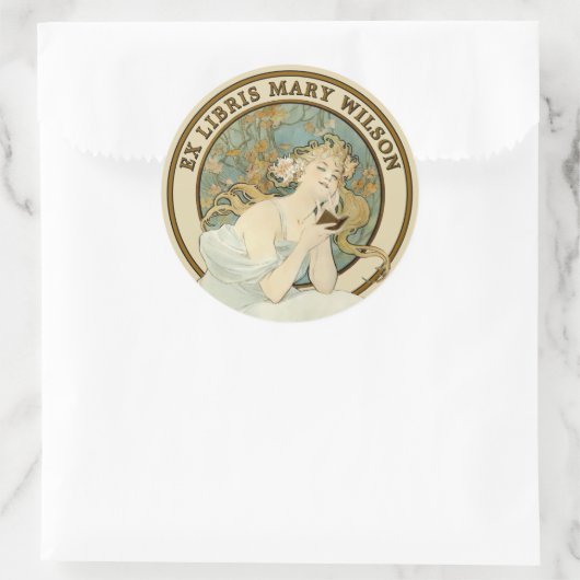 Art Nouveau Vrouw & Boek Mucha Ex Libris Sjabloon Ronde Sticker (Tas)