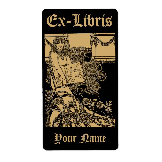 Art Nouveau Vrouw & Boek Rozen Ex Libris Sjabloon Etiket (Voorkant)