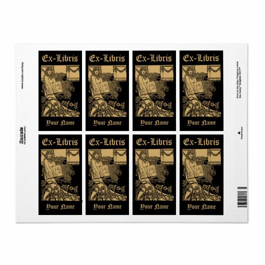 Art Nouveau Vrouw & Boek Rozen Ex Libris Sjabloon Etiket (Full Sheet)