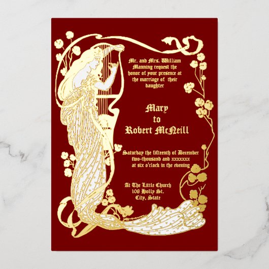Art Nouveau Vrouw & Harp in Rozen Huwelijk Folie Uitnodiging (Voorkant)