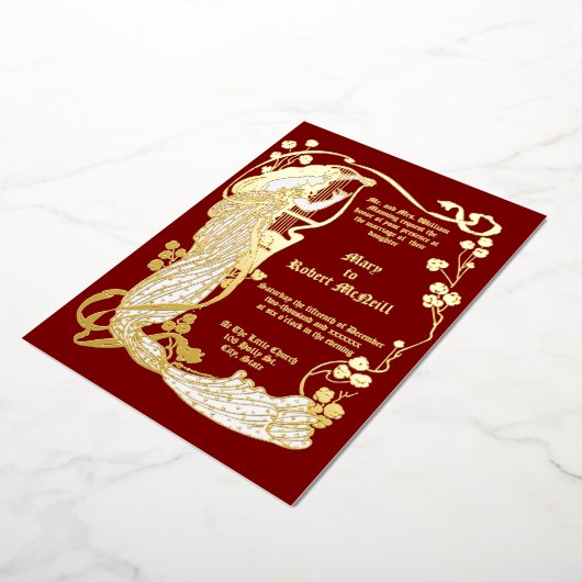 Art Nouveau Vrouw & Harp in Rozen Huwelijk Folie Uitnodiging (Gedraaid)