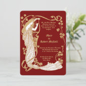 Art Nouveau Vrouw & Harp in Rozen Huwelijk Kaart (Staand voorkant)