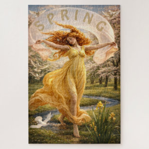 Art Nouveau-vrouw in een bloeiende weide Legpuzzel