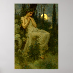 Art Nouveau-vrouw in tuin onder een junimaan Poster
