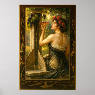 Art Nouveau vrouw in wijngaard met wijn Poster