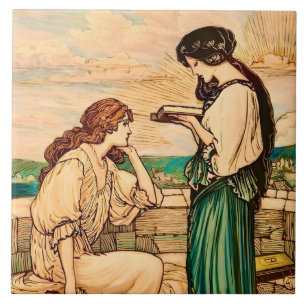 Art Nouveau-vrouw leest bij de zee in vintage-stij Tegeltje