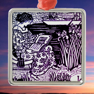 Art Nouveau Vrouw Leest Boek Liefhebber Metalen Ornament