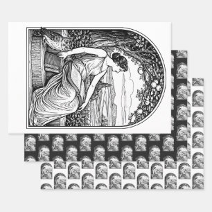 Art Nouveau vrouw leest onder boom Vintage Inpakpapier Vel