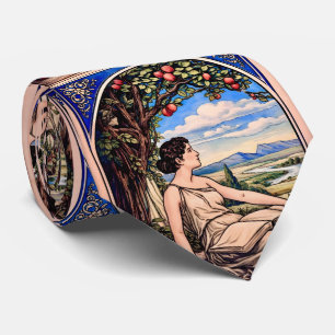 Art Nouveau vrouw leest onder boom Vintage Stropdas