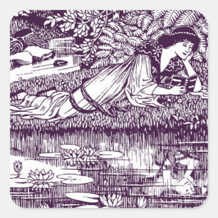 Art Nouveau Vrouw lezend bij vijver   Antiek Vierkante Sticker