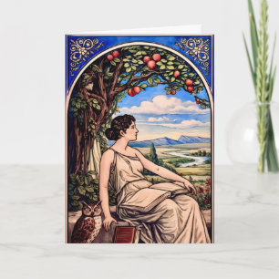 Art Nouveau vrouw lezend onder boom Vintage Kaart