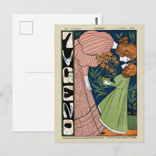 Art Nouveau vrouw & meisje in groene jurk antiek d Briefkaart