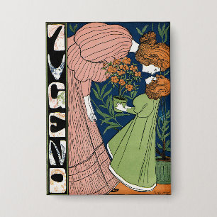 Art Nouveau vrouw & meisje in groene jurk antiek d Button