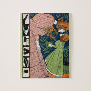 Art Nouveau vrouw & meisje in groene jurk antiek d Legpuzzel