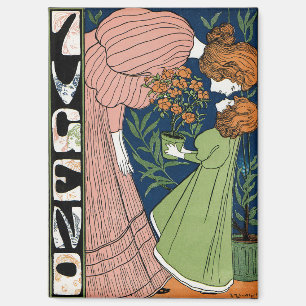 Art Nouveau vrouw & meisje in groene jurk antiek d Magneet