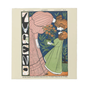 Art Nouveau vrouw & meisje in groene jurk antiek d Notitieblok