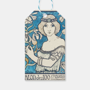 Art Nouveau-vrouw met blauwe bloemenposter uit ver Cadeaulabel