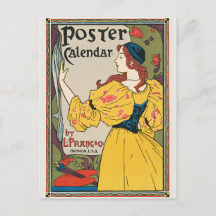Art Nouveau-vrouw met gele jurk-poster uit het fin Briefkaart