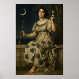 Art Nouveau Vrouw Met Klarinet en Halve Maan Poster