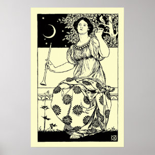 Art Nouveau-vrouw met klarinet en maan Poster