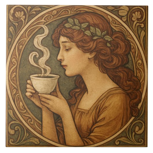 Art Nouveau vrouw met koffie Tegeltje (Voorkant)