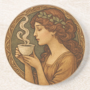 Art Nouveau vrouw met koffie Zandsteen Onderzetter