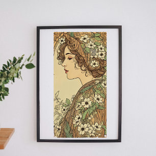 Art Nouveau-vrouw met lentebloemen Perfect Poster