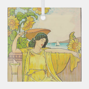Art Nouveau-vrouw met zonnebloemen  Glas Ornament
