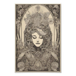 Art Nouveau Vrouw Portret Ingewikkelde Floral Art Foto Afdruk