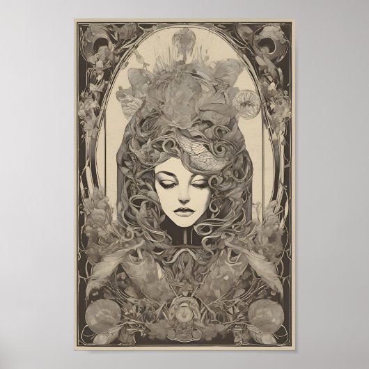 Art Nouveau Vrouw Portret Ingewikkelde Floral Art Poster (Voorkant)