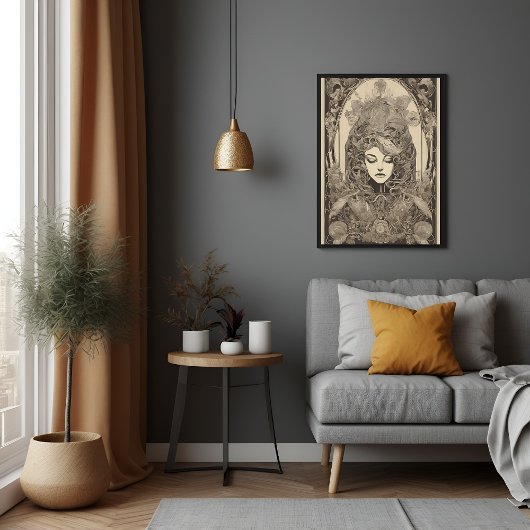 Art Nouveau Vrouw Portret Ingewikkelde Floral Art Poster