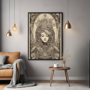 Art Nouveau Vrouw Portret Ingewikkelde Floral Art Poster