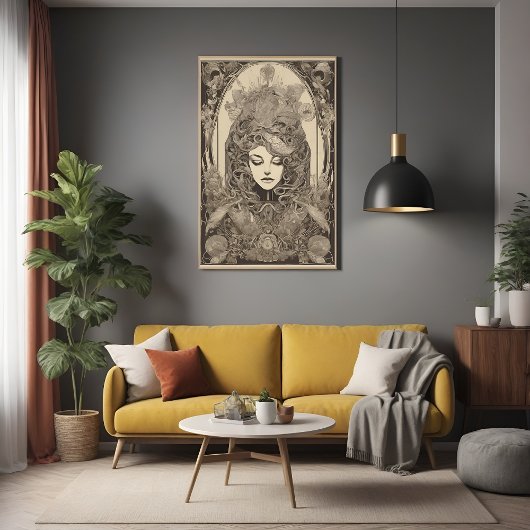 Art Nouveau Vrouw Portret Ingewikkelde Floral Art Poster