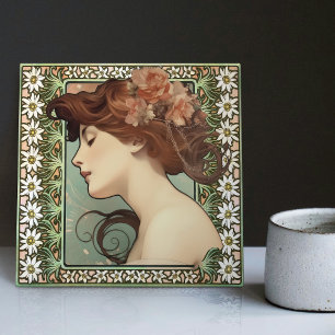 Art Nouveau Vrouw Portret Mucha Edelweiss Flower Tegeltje