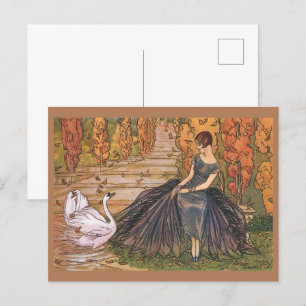 Art Nouveau Vrouw Zwaan  kunst illustratie Briefkaart