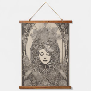 Art Nouveau Vrouwelijk Portret Ingewikkelde Bloemk Hangend Wandkleed