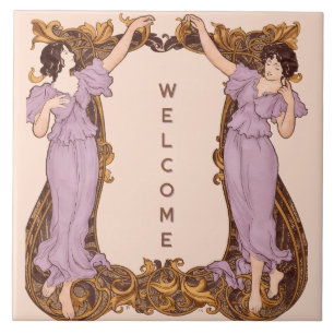 Art Nouveau Vrouwen Bloemrijke Lijst Vintage Decor Tegeltje