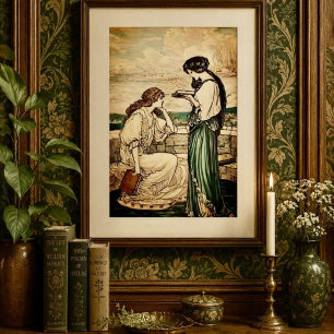 Art Nouveau vrouwen die aan zee lezen in vintage s Poster