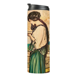 Art Nouveau vrouwen die aan zee lezen in vintage s Thermosbeker