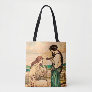 Art Nouveau-vrouwen die aan zee lezen  Tote Bag