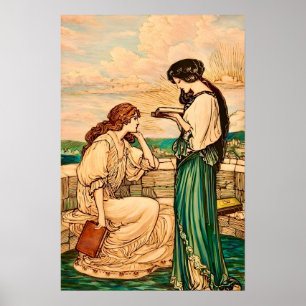 Art Nouveau vrouwen lezen aan zee in vintage stijl Poster