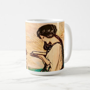 Art Nouveau vrouwen lezen aan zee uit vroeger tijd Koffiemok