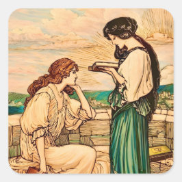 Art Nouveau-vrouwen lezen aan zee uit vroeger tijd Vierkante Sticker
