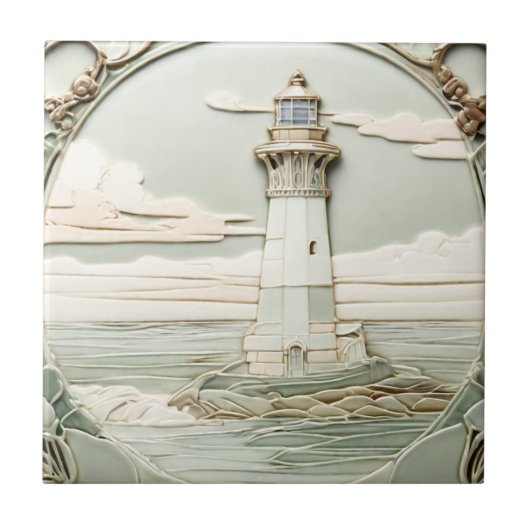 Art Nouveau Vuurtoren Faux Relief Light Mint Blue Tegeltje (Voorkant)