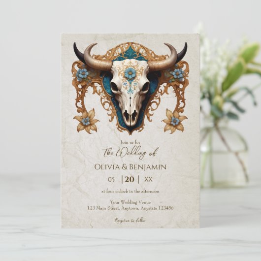 Art Nouveau Waterverf Bloemen Koe Schedel Huwelijk Kaart (Staand voorkant)