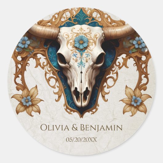 Art Nouveau Waterverf Bloemen Koe Schedel Huwelijk Ronde Sticker (Voorkant)