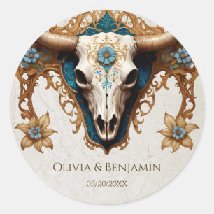 Art Nouveau Waterverf Bloemen Koe Schedel Huwelijk Ronde Sticker