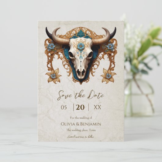 Art Nouveau Waterverf Bloemen Koe Schedel Huwelijk Save The Date (Staand voorkant)