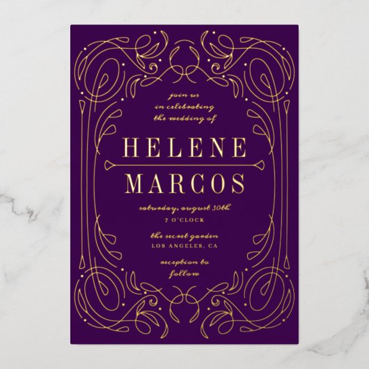 Art Nouveau Wedding Fantinework Eggplant Folie Uitnodiging (Voorkant)